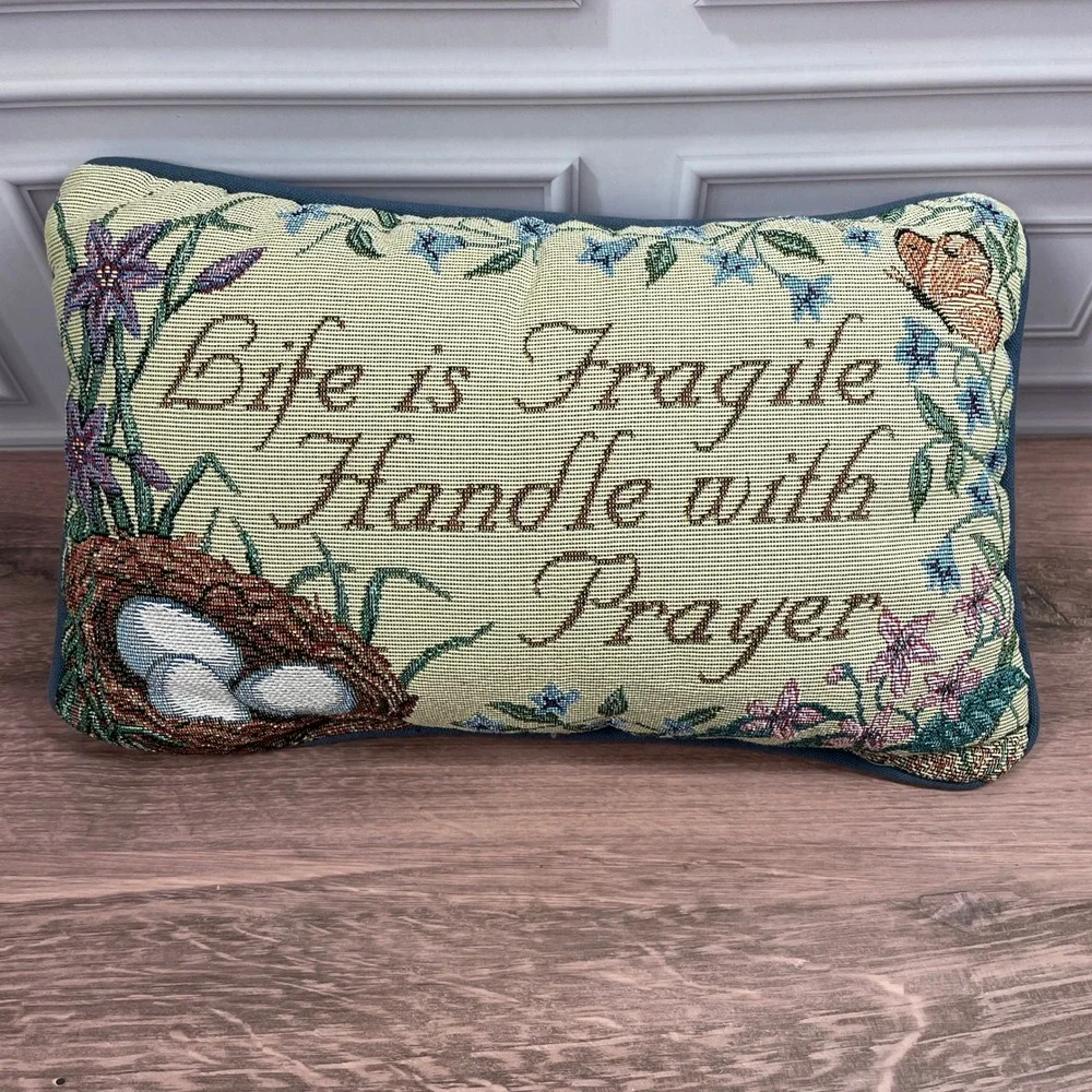 Tapestry Accent Pillow Life is Fragile Handle with Prayer Floral Blue Spring